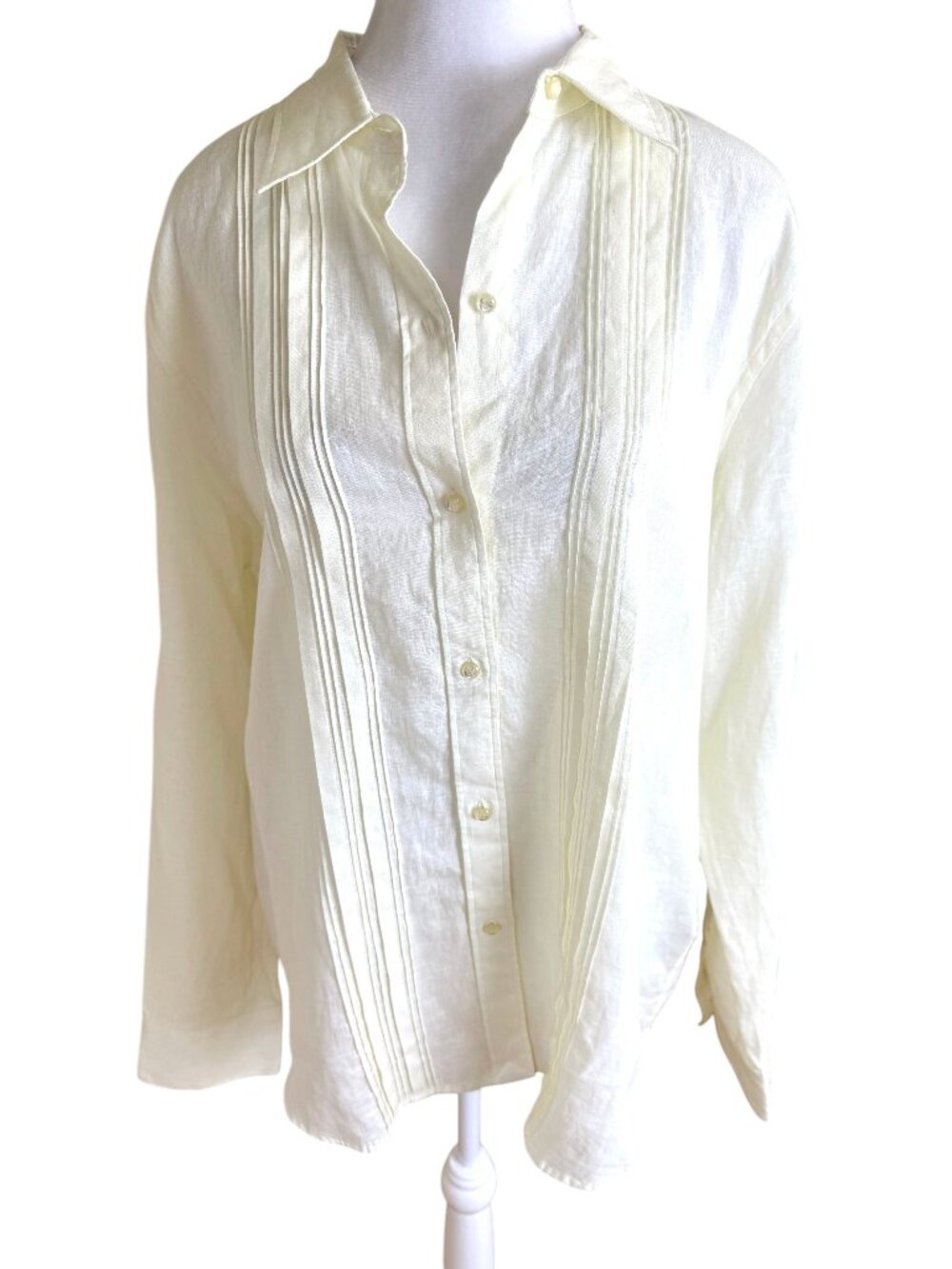 Lauren Ralph Lauren Linen Blouse Ivory Pintuck Pleats Button Front (XL)